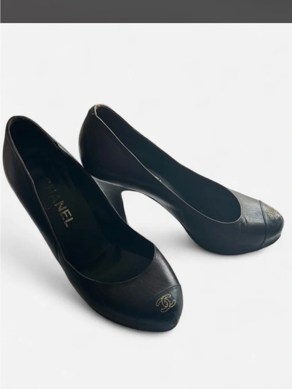 CHANEL Dark Brown Leather Pumps with Gold CC Emblem